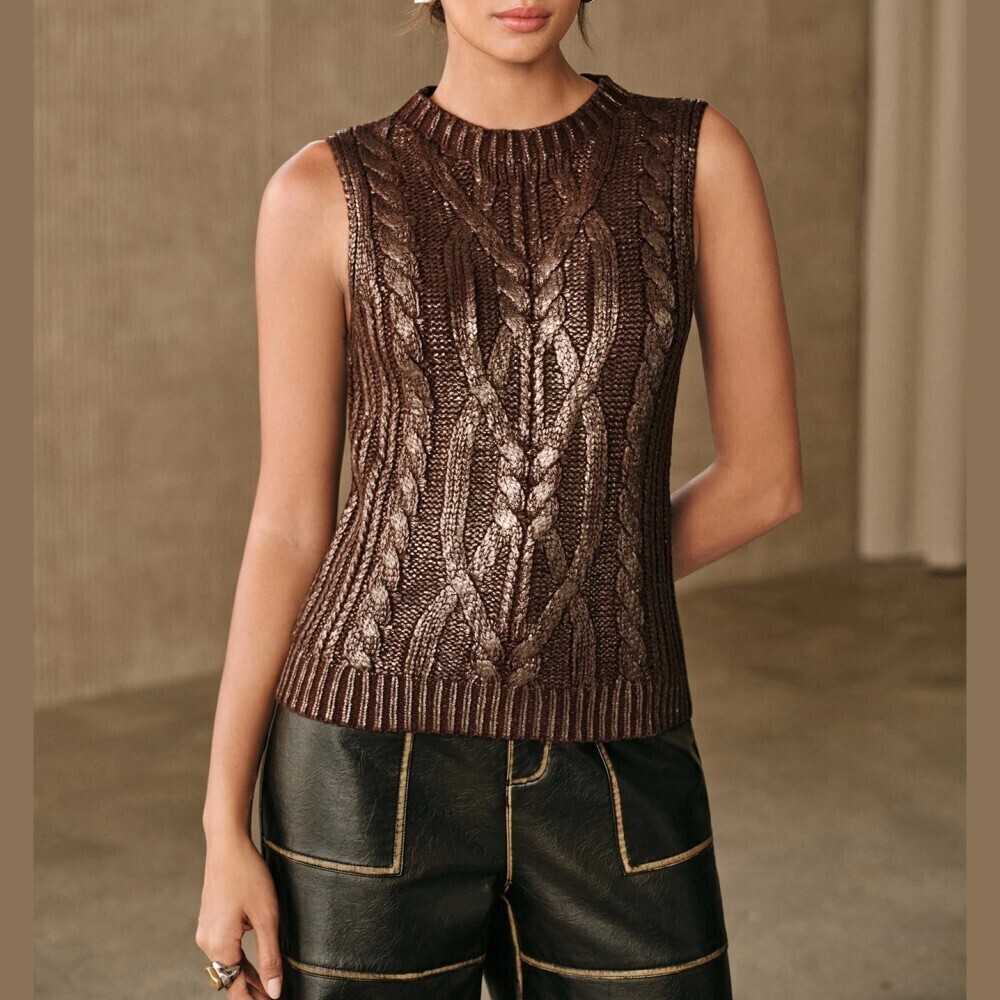 Brown Metallic Coated Cable Knit Sleeveless Sweater Vest with Stand Collar